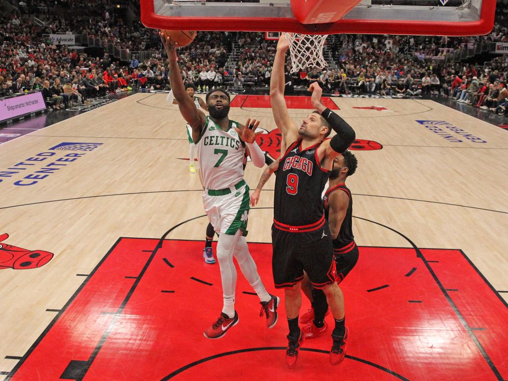 Boston Celtics guard Jaylen Brown (7) shoots over Chicago Bulls centre Nikola Vucevic (9) during the second half at the United Centre in Chicago April 6, 2022. u00e2u20acu201d Reuters pic