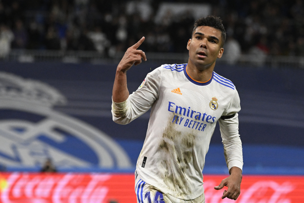 Real Madrid midfielder Casemiro celebrates after scoring a goal during the Spanish league match against Getafe CF at the Santiago Bernabeu stadium in Madrid, April 9, 2022. u00e2u20acu201d AFP pic 