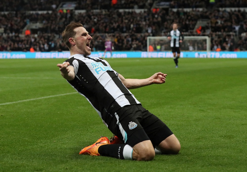 Newcastle United's Chris Wood celebrates after scoring their first goal against Wolverhampton Wanderers April 9, 2022. u00e2u20acu2022 Reuters pic