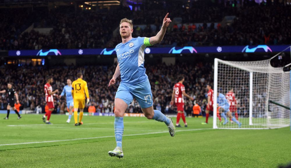 Manchester City's Kevin De Bruyne celebrates scoring their first goal against Atletico Madrid at the Etihad Stadium, Manchester April 5, 2022. u00e2u20acu201d Reuters pic 