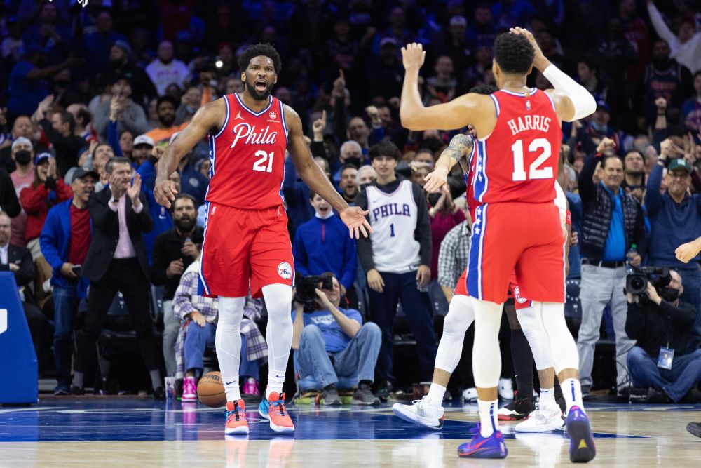Philadelphia 76ers centre Joel Embiid (21) reacts after a score and one against the Toronto Raptors at the Wells Fargo Centre April 18, 2022. u00e2u20acu201d Reuters picnn