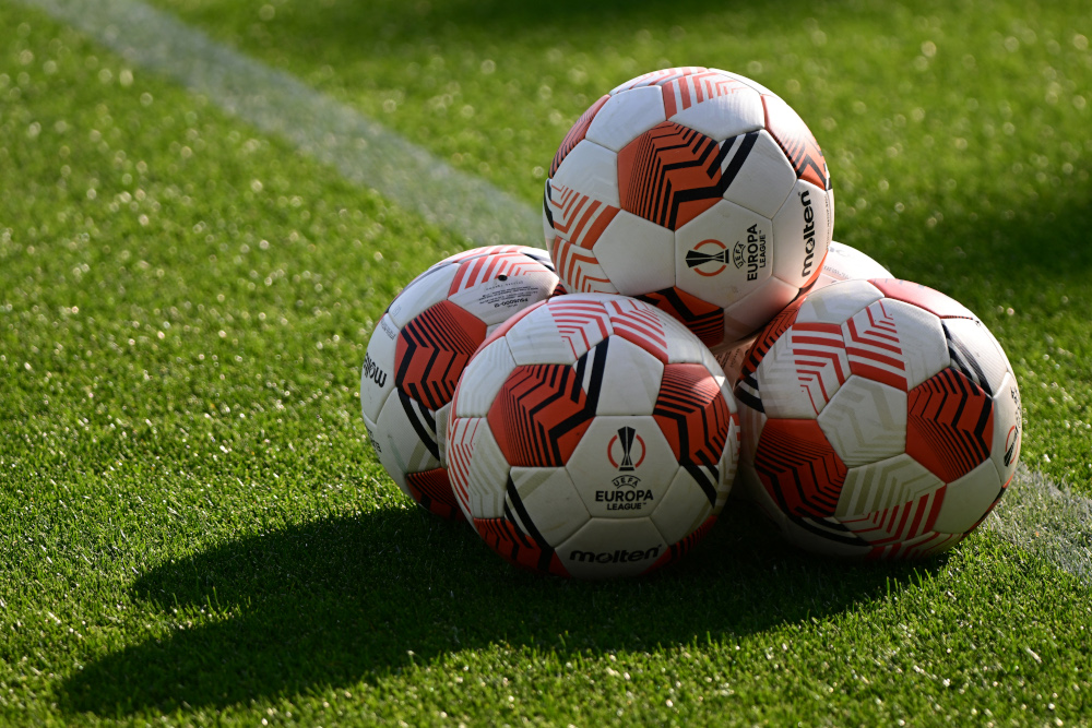 Footballs with the Europa League logo are pictured prior to the Uefa Europa League quarter-final, second-leg match between Atalanta and RB Leipzig April 14, 2022 at the Azzurri du00e2u20acu2122Italia stadium in Bergamo. u00e2u20acu201d AFP pic 