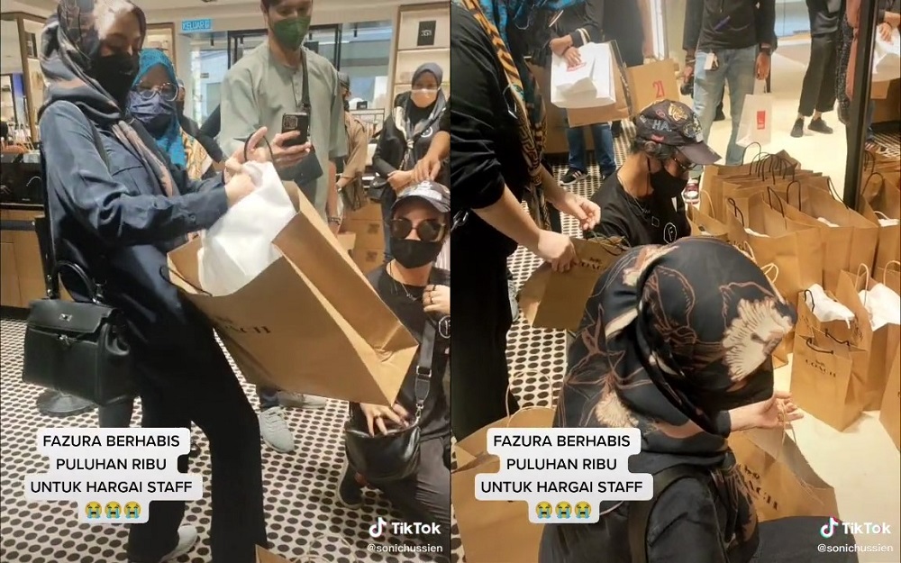 Screenshots from sonichussien’s video, showing Fazura handing out luxury gifts to her staff. ― Picture via TikTok/ sonichussien