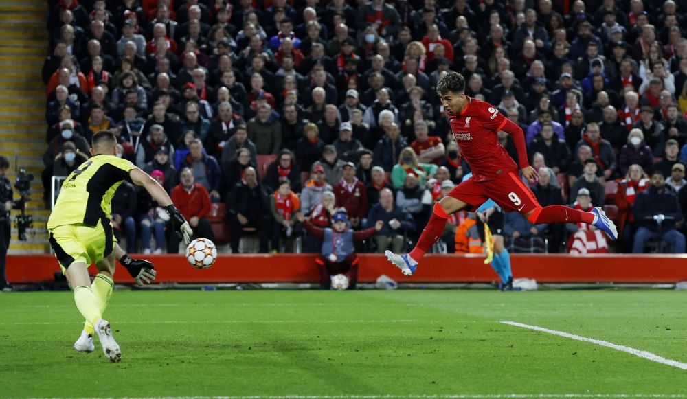 Liverpool's Roberto Firmino scores their second goal against Benfica at Anfield, Liverpool April 13, 2022. u00e2u20acu201d Reuters pic