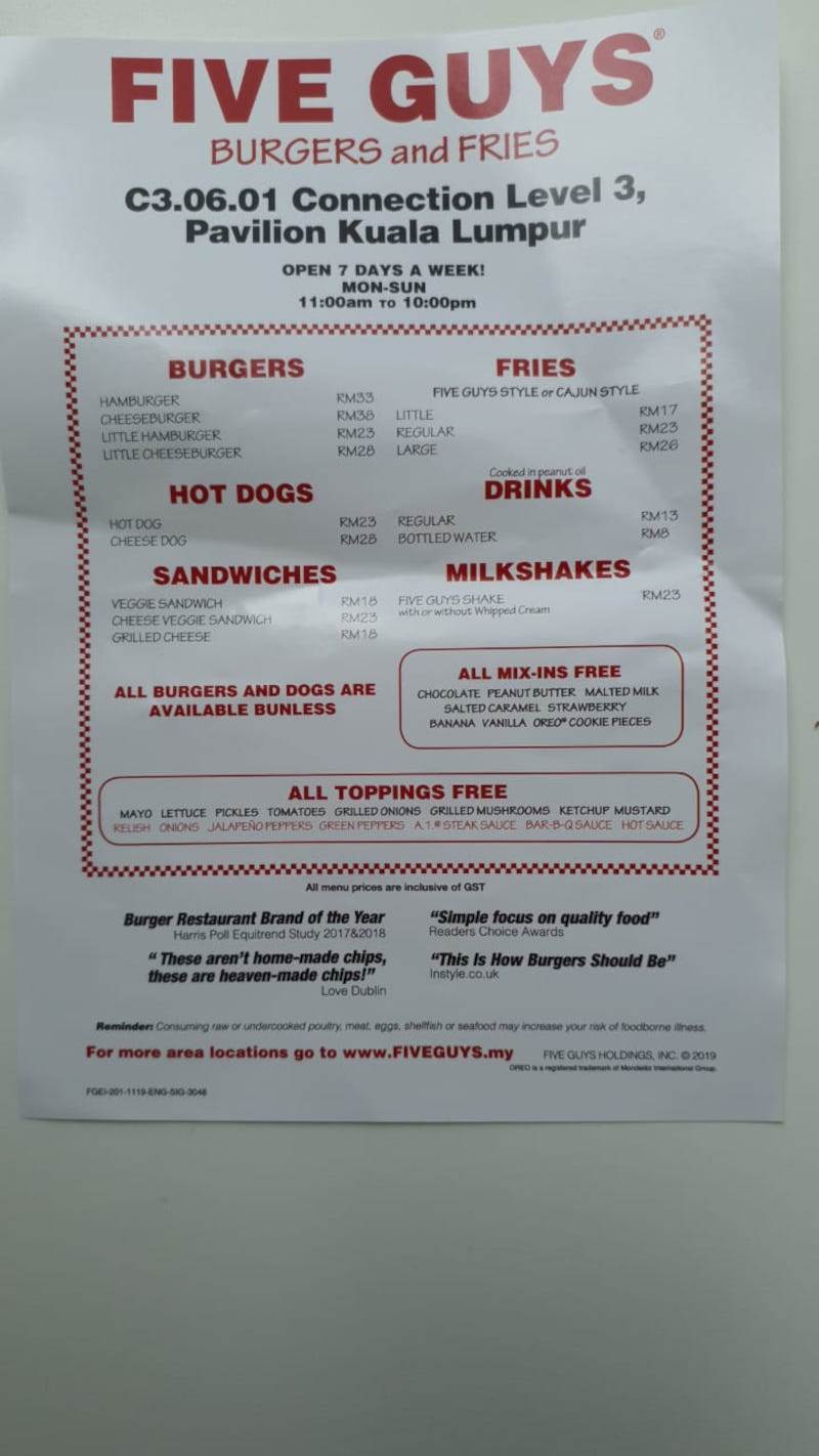 The price menu for Five Guys at Pavilion KL. — Picture by Lee Khang Yi