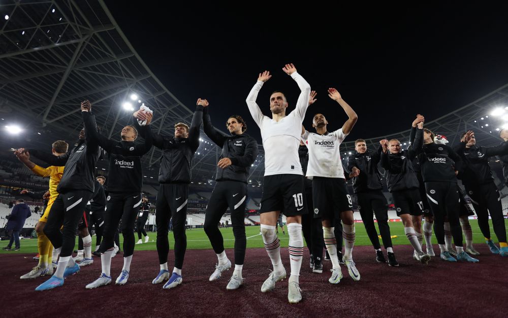 Eintracht Frankfurt's Filip Kostic with teammates celebrate after the match against West Ham United at the London Stadium April 28, 2022. u00e2u20acu201d Reuters picnn