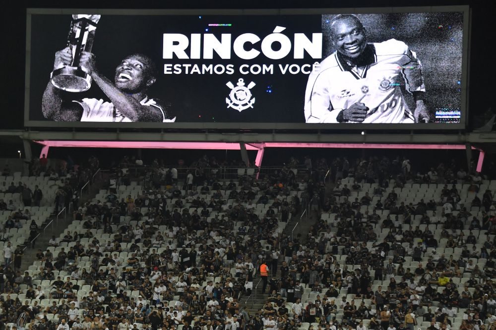 A screen projects an image of former Colombian star midfielder Freddy Rincon during the Copa Libertadores match between Brazil's Corinthians and Colombia's Deportivo Cali in Sao Paulo April 13, 2022. u00e2u20acu201d AFP pic