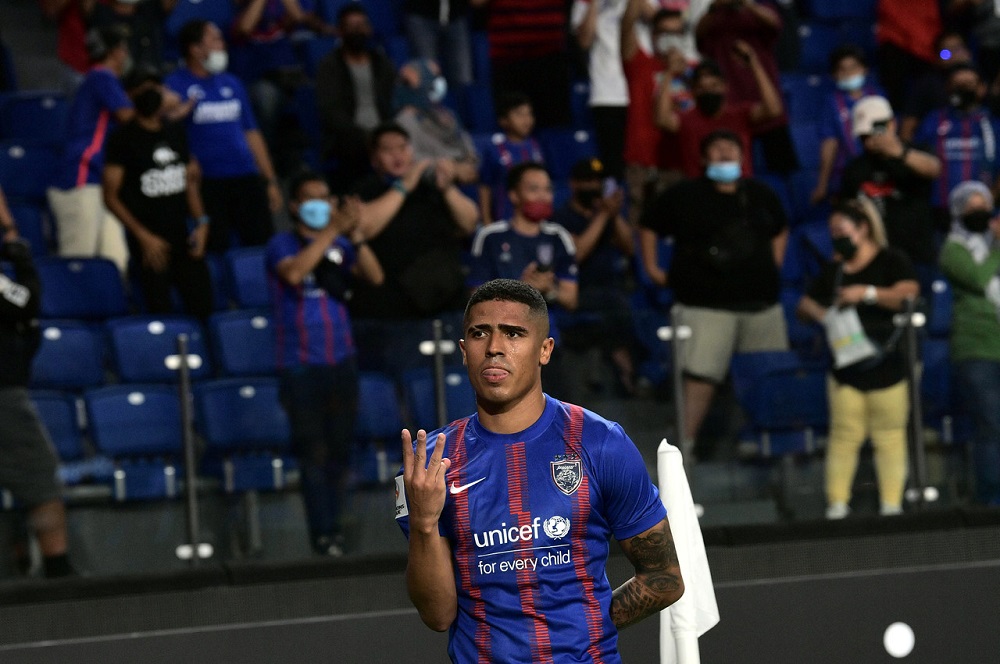 JDTu00e2u20acu2122s Bergson da Silva celebrates after scoring a hat-trick against Guangzhou FC during the Group I match at Sultan Ibrahim Stadium in Iskandar Puteri April 15, 2022. u00e2u20acu2022 Bernama pic