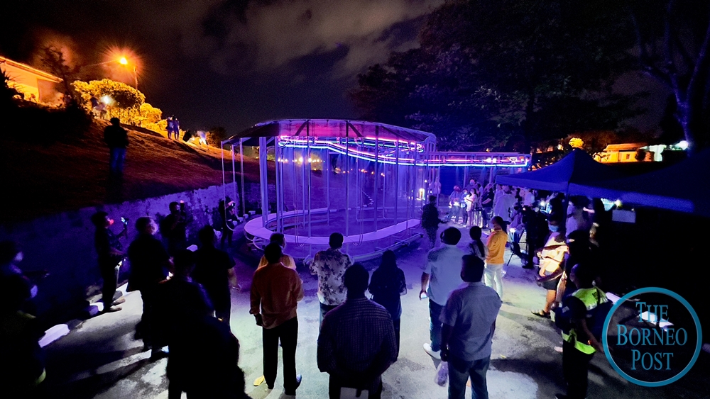 The Rainbow Ribbon art installation lights up with various colors that will be activated with mist sprays to display a rainbow-like effect. u00e2u20acu201d Roystein Emmor/Borneo Post pic