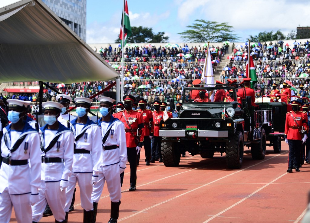 The casket carrying the remains of former Kenyan President Mwai Kibaki arrives in his cortege for his memorial service at the Nyayo National Stadium in Nairobi on April 29, 2022. u00e2u20acu201d AFP pic