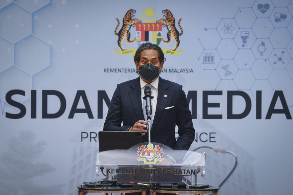 Health Minister Khairy Jamaluddin speaks at a press conference on the loosening of SOPs at the Health Ministry in Putrajaya, April 27, 2022. u00e2u20acu201d Bernama pic 