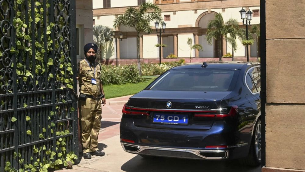 Russian Foreign Minister Sergei Lavrov arrives in a car for a meeting with Indian counterpart S. Jaishankar at Hyderabad House in New Delhi. u00e2u20acu201d AFP pic