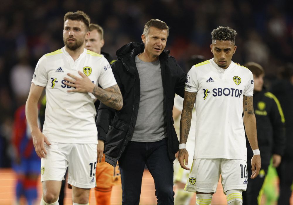Leeds United's Stuart Dallas, manager Jesse Marsch and Raphinha after the match against Crystal Palace at Selhurst Park, London April 25, 2022. u00e2u20acu201d Reuters picn
