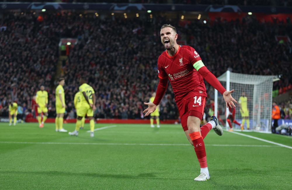Liverpool's Jordan Henderson celebrates after Villarreal's Pervis Estupinan scored Liverpool's first with an own goal at Anfield, Liverpool April 27, 2022. u00e2u20acu201d Reuters pic