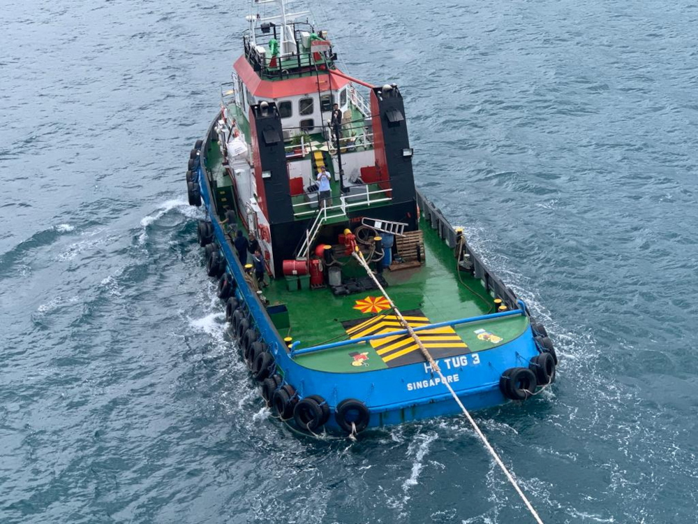 A view shows a tugboat which found Norwegian diver, Kristine Grodem, off Mersing coast, in Johor, Malaysia, April 7, 2022. u00e2u20acu201d Malaysian Maritime Enforcement Agency handout pic via Reuters 