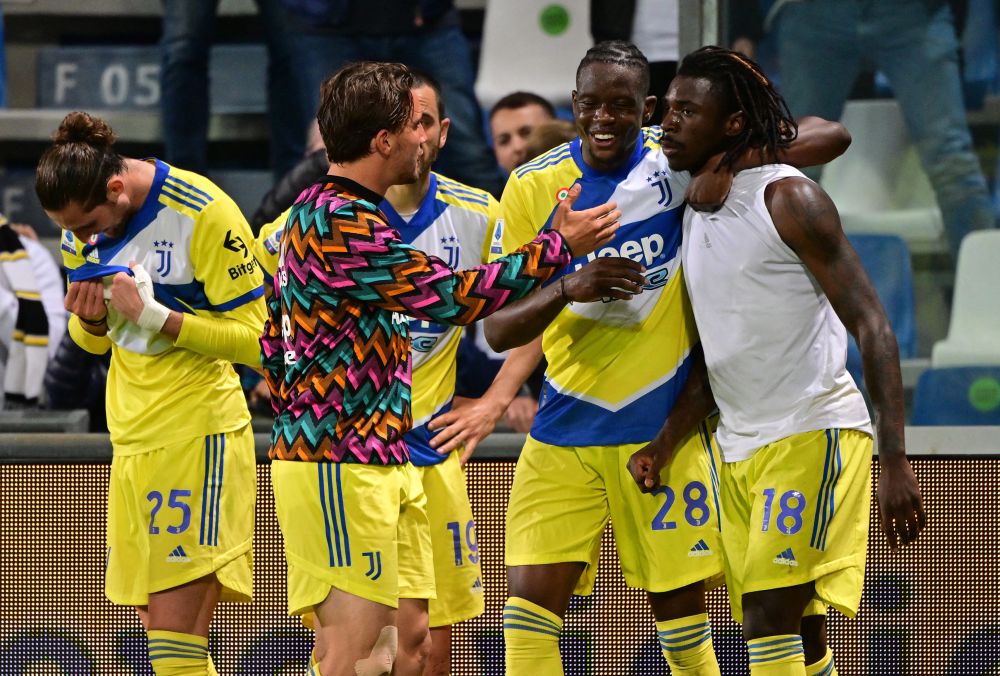 Juventus' Moise Kean (right) celebrates scoring their second goal against Sassuolo with teammates at the Mapei Stadium in Citta del Tricolore April 25, 2022. u00e2u20acu201d Reuters pic