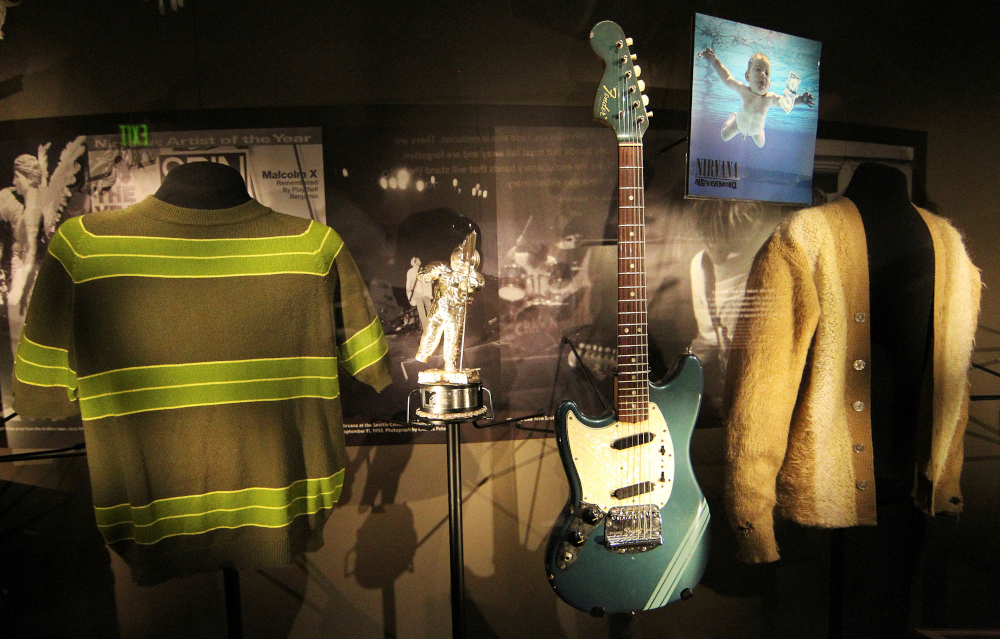 Iconic clothing and musical instruments of the late Kurt Cobain of the legendary grunge band Nirvana, on display at the u00e2u20acu02dcNirvana: Taking Punk to the Massesu00e2u20acu2122 exhibition of the Experience Music Project (EMP) in Seattle, April 15, 2011. u00e2u20acu201d Reuters pic 