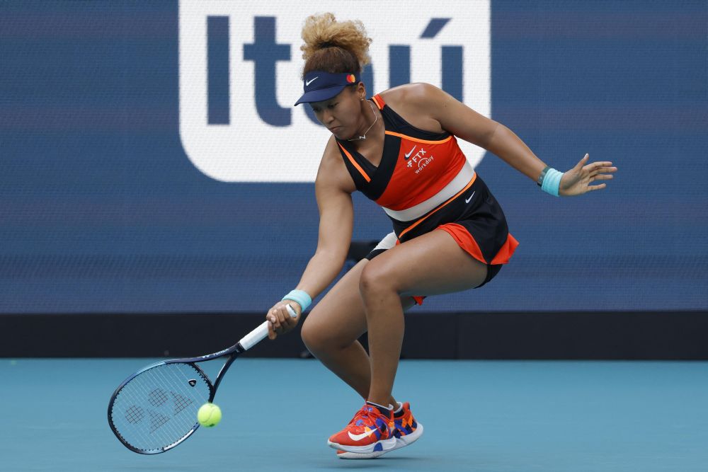Naomi Osaka hits a forehand against Belinda Bencic in a women's singles semifinal in the Miami Open at Hard Rock Stadium March 31, 2022. u00e2u20acu201d Reuters pic