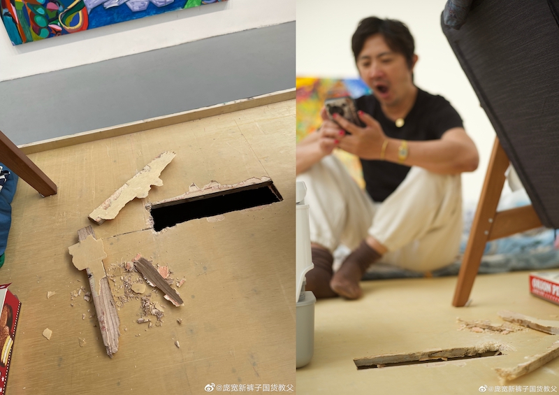Pang’s attempts at making a hole in the platform he resides on, on day 5 of his quarantine performance. — Picture from Weibo/ Pang Kuan