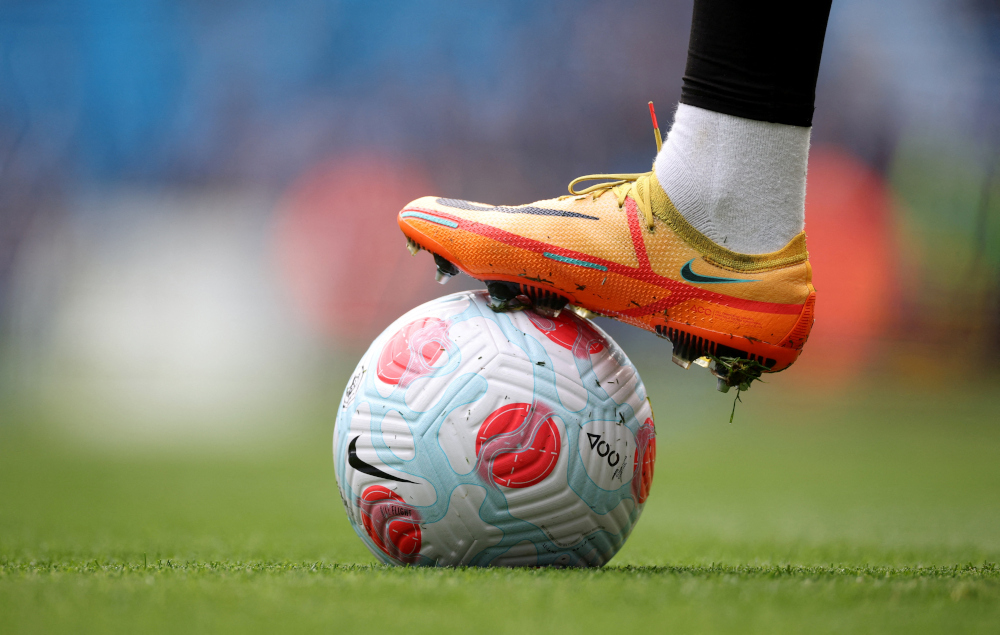 General view of the match ball during the warm up before the Manchester City v Liverpool match at Etihad Stadium, Manchester, Britain, April 10, 2022. u00e2u20acu201d Reuters picnn