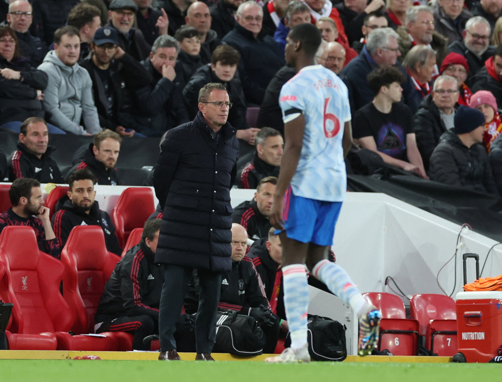 Manchester United interim manager Ralf Rangnick looks on as Paul Pogba is being substituted at Anfield, Liverpool, April 19, 2022. u00e2u20acu201d Reuters pic 