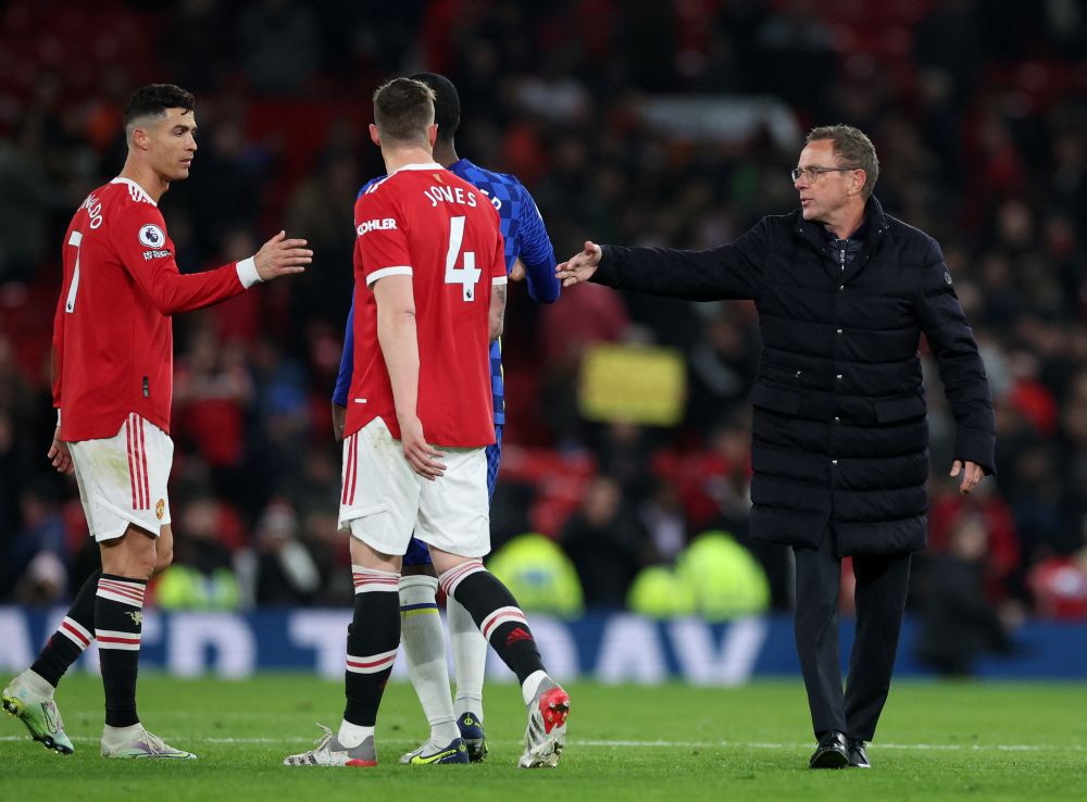 Manchester United interim manager Ralf Rangnick and Cristiano Ronaldo after the match against Chelsea at Old Trafford April 28, 2022. u00e2u20acu201d Reuters pic