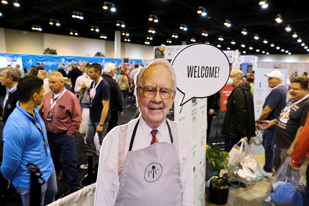 A cutout photo of Berkshire Hathaway CEO Warren Buffett welcomes investors and guests as they shop for deals during the first in-person annual meeting since 2019 of Berkshire Hathaway Inc in Omaha April 29, 2022. u00e2u20acu201d Reuters pic