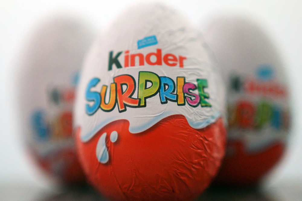 A view of three Kinder Surprise chocolate eggs April 4, 2022. u00e2u20acu201d PA Images pic via Reuters