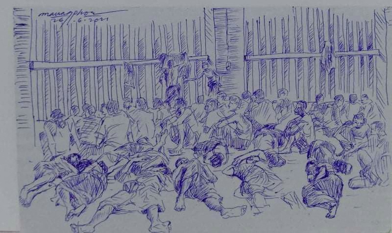 A smuggled sketch shows people inside of Myanmar’s Insein prison with a written date June 26, 2021, in this undated picture obtained by Reuters. — Reuters pic