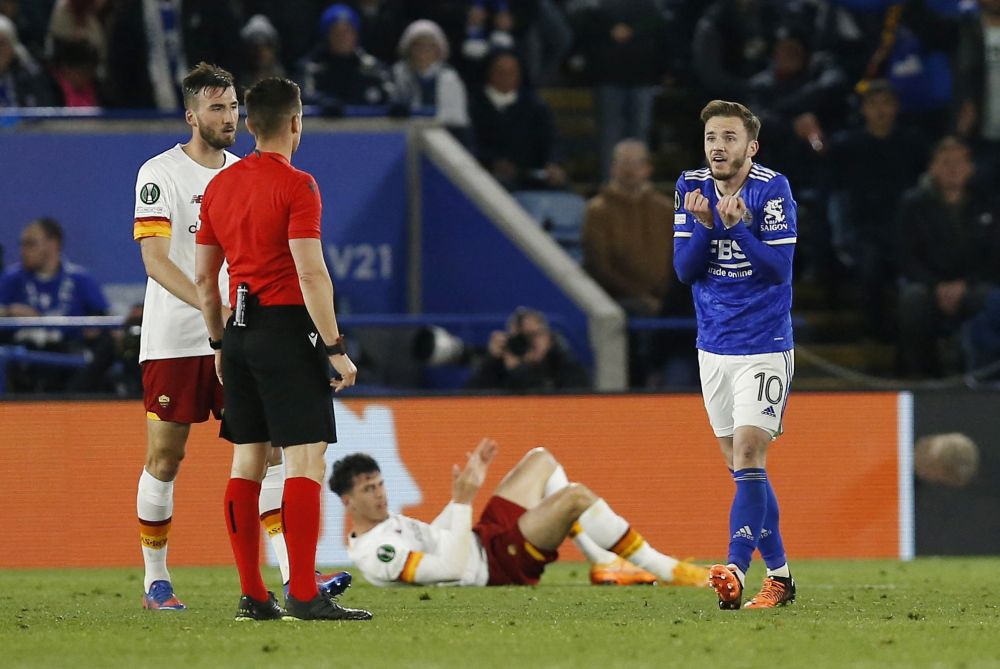 Leicester City's James Maddison talks to referee Carlos del Cerro Grande during the match against Roma at the King Power Stadium, Leicester April 28, 2022. u00e2u20acu201d Reuters pic