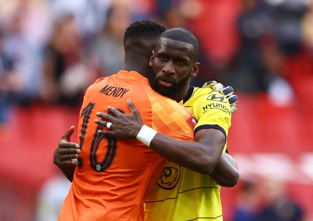 Chelsea's Antonio Rudiger and Edouard Mendy embrace after the FA Cup semi-final against Crystal Palace at Wembley Stadium, London April 17, 2022. u00e2u20acu201d Reuters pic