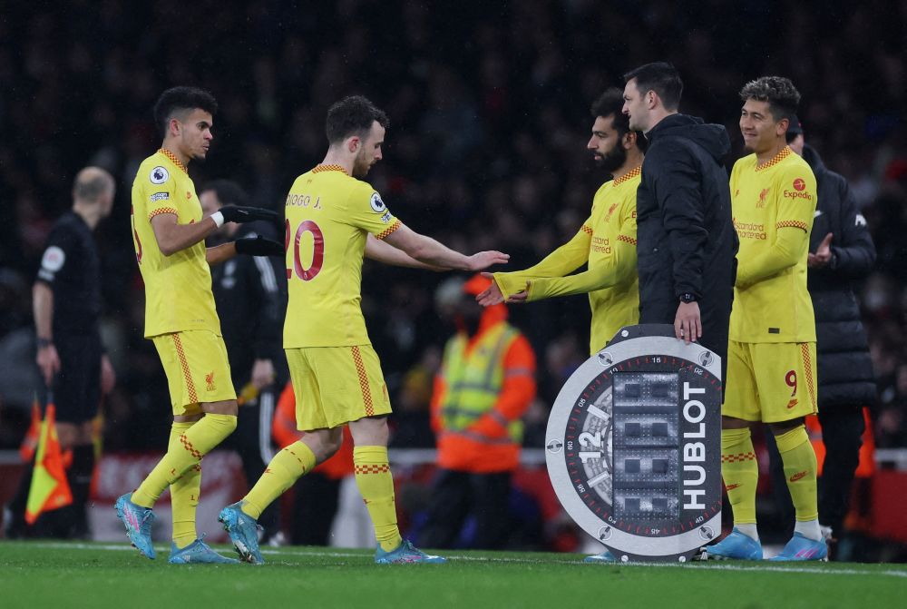 Liverpool's Mohamed Salah comes on as a substitute to replace Diogo Jota at the Emirates Stadium, London March 16, 2022. u00e2u20acu201d Reuters pic