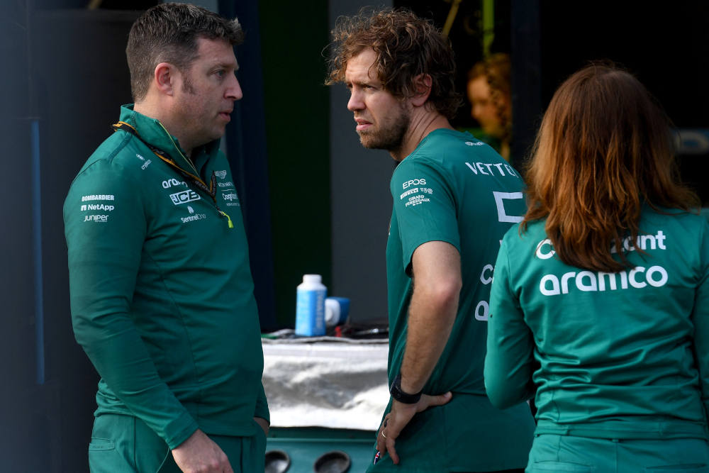 Aston Martin driver Sebastian Vettel of Germany speaks with his crew at the Albert Park Circuit in Melbourne, April 6, 2022, ahead during the 2022 Formula One Australian Grand Prix. u00e2u20acu201d AFP picnn