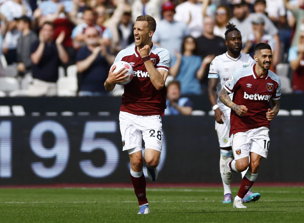 West Ham Unitedu00e2u20acu2122s Tomas Soucek celebrates scoring their first goal against Burnley at the London Stadium, London April 17, 2022. u00e2u20acu201d Reuters pic
