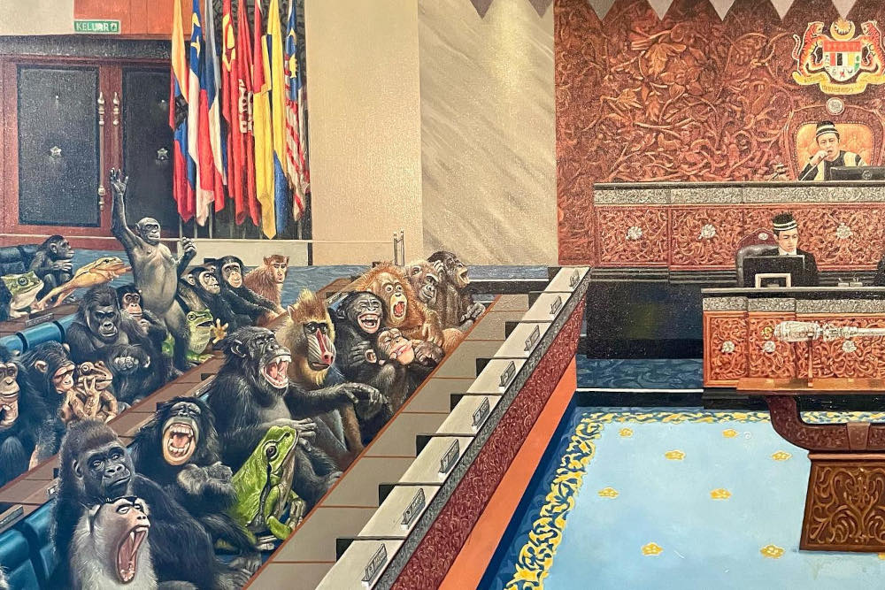 The painting depicted MPs from both sides of the Parliament as different species of primates and frogs, but not Speaker Datuk Seri Azhar Azizan Harun and his deputies. — Picture from Facebook/Selangor Royal Office 