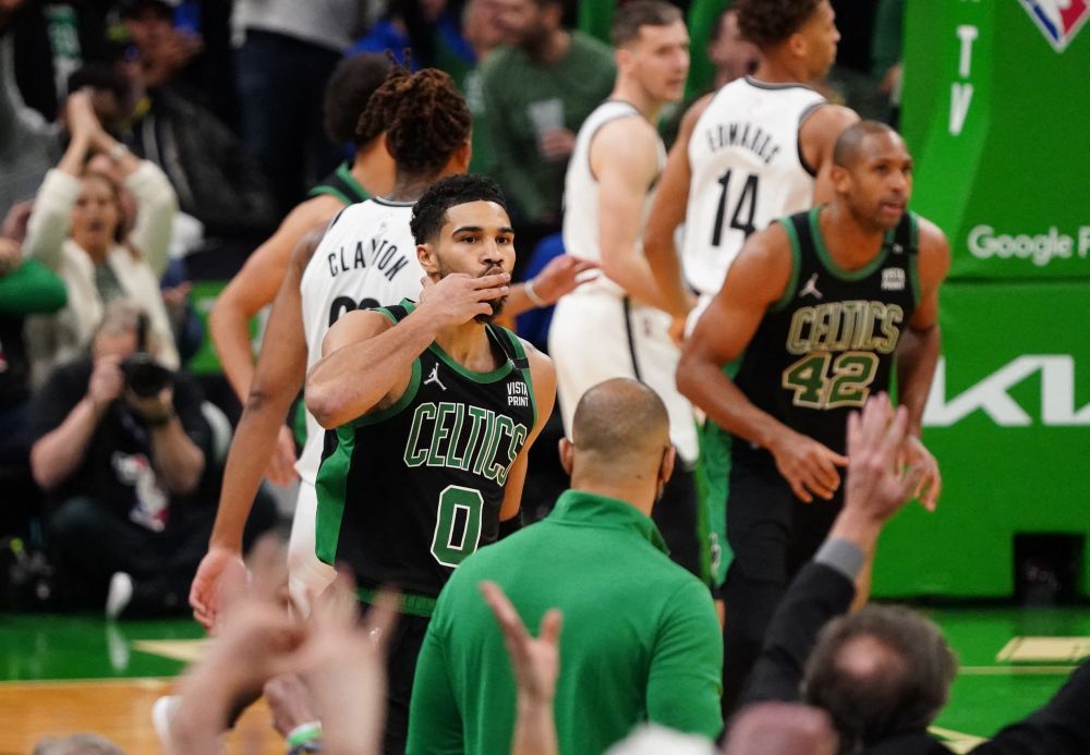 Boston Celtics forward Jayson Tatum reacts after his three point basket against the Brooklyn Nets at TD Garden in Boston April 17, 2022. u00e2u20acu201d Reuters pic