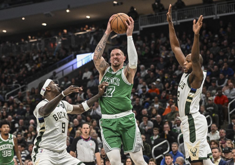 Boston Celtics centre Daniel Theis (27) moves to the basket against Milwaukee Bucks centre Bobby Portis (9) and forward Khris Middleton (22) at the Fiserv Forum in Milwaukee April 7, 2022. u00e2u20acu201d Reuters pic