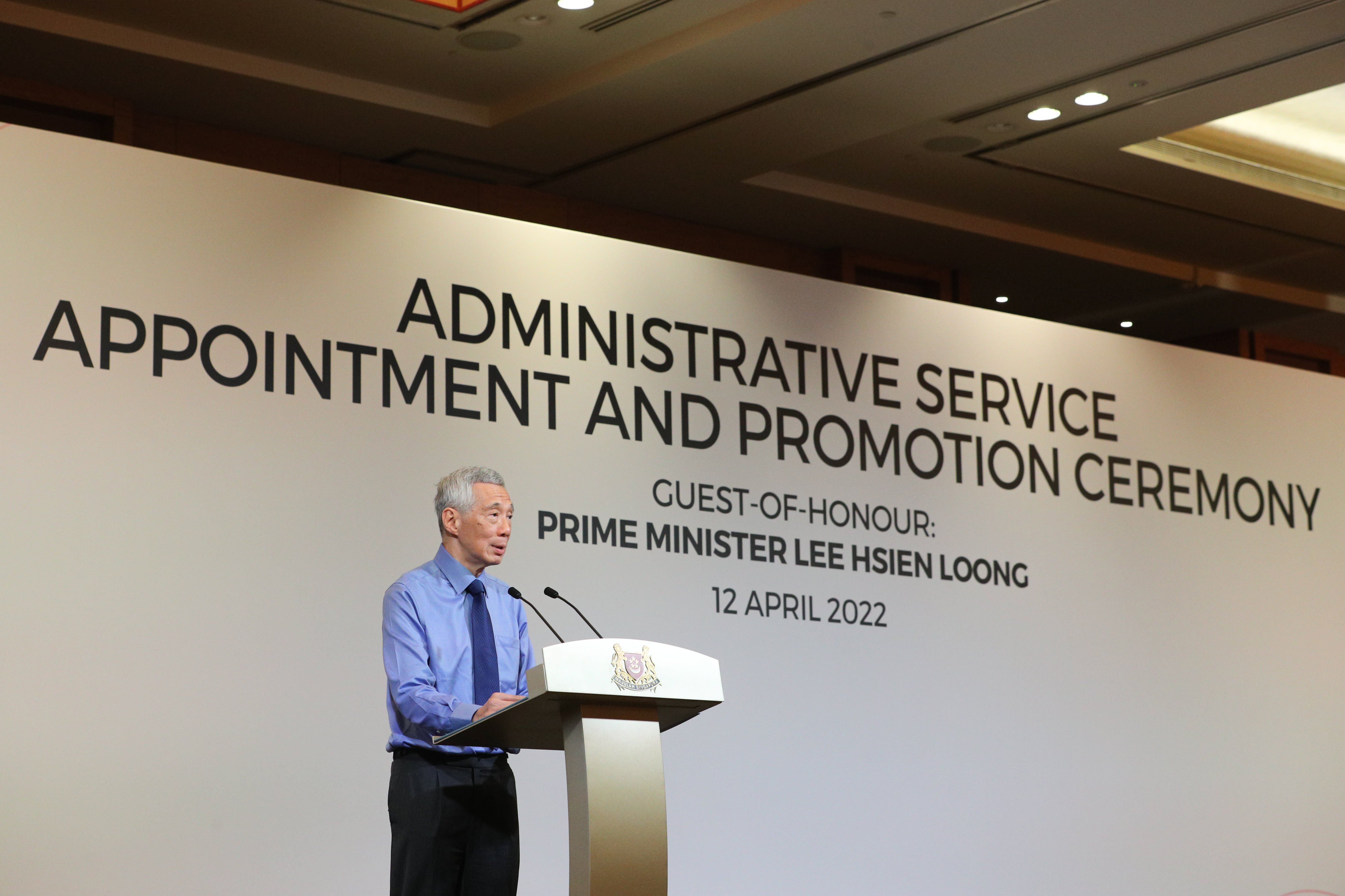 Prime Minister Lee Hsien Loong speaking at the annual Administrative Service dinner and promotion ceremony at the Marina Bay Sands Expo and Convention Centre on April 12, 2022. u00e2u20acu2022 TODAY pic