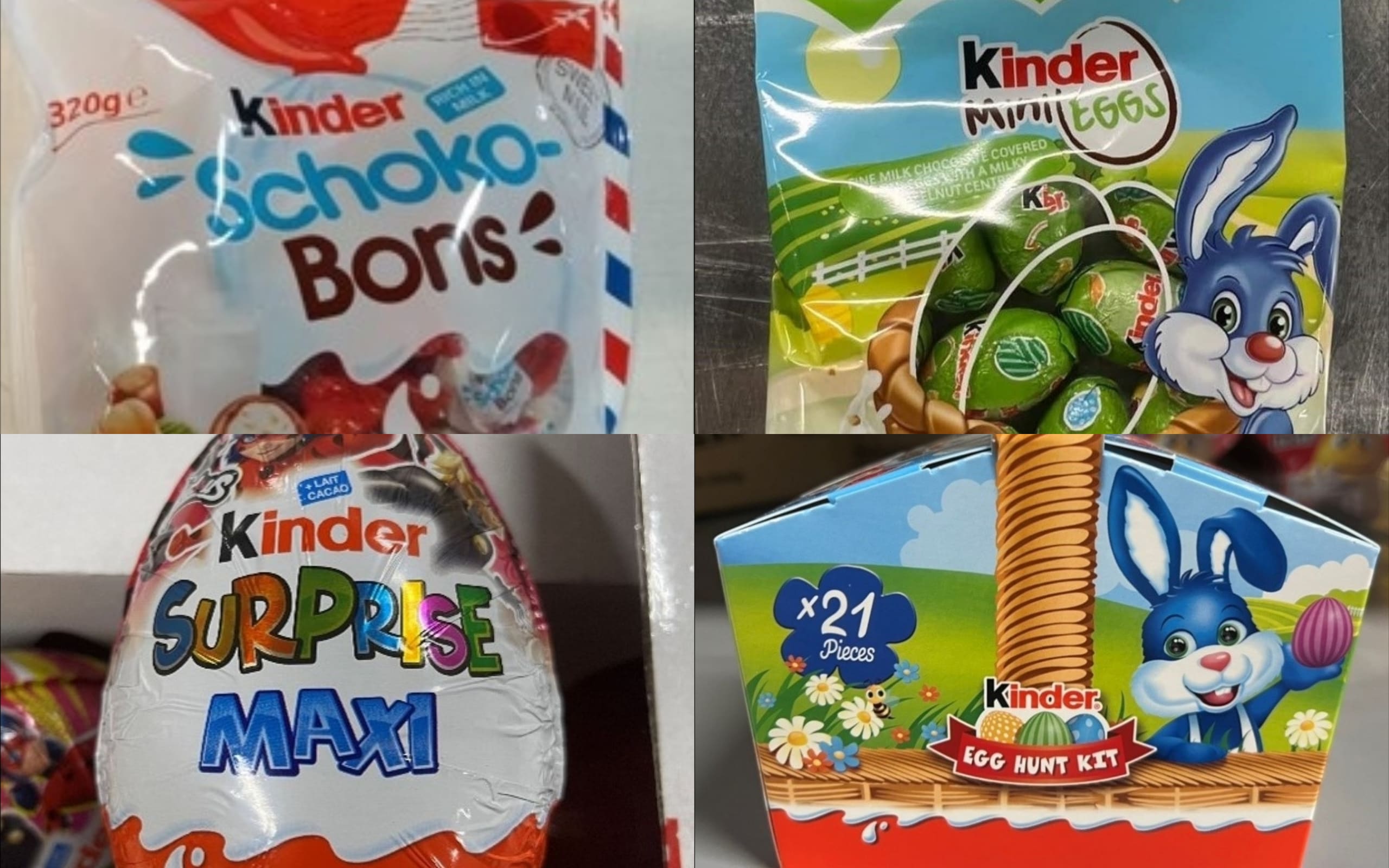 The four affected products are Kinder Schokobons (top left), Kinder Surprise Maxi (bottom left), Kinder Mini Eggs (top right) and Kinder Egg Hunt Kit (bottom right). u00e2u20acu2022 Picture courtesy of Singapore Food Agency