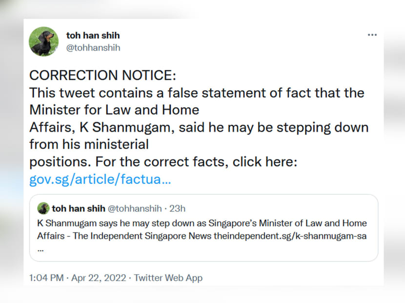 A screenshot of Mr Toh Han Shihu00e2u20acu2122s Twitter account showing a Pofma correction notice appended to a tweet Mr Shih had sent on April 21, 2022. u00e2u20acu201d toh han shih/Twitter screenshot via TODAY
