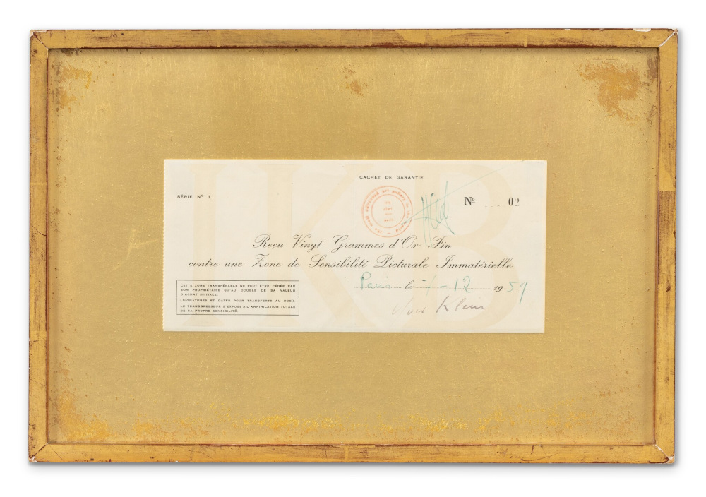 u00e2u20acu02dcZone de sensibilitu00c3u00a9 picturale immatu00c3u00a9rielle Su00c3u00a9rie nu00c2u00b01, Zone nu00c2u00b002u00e2u20acu2122 by Yves Klein (1959) fetched over u00e2u201au00ac1 million at auction. u00e2u20acu201d Image courtesy of Sotheby's via ETX Studio