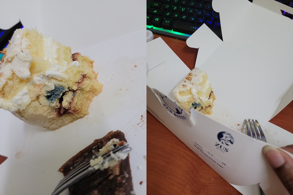 Diviya's posts of the mould she found in the cake purchased from ZUS Coffee. u00e2u20acu2022 Picture via Twitter/ayividinihsrad