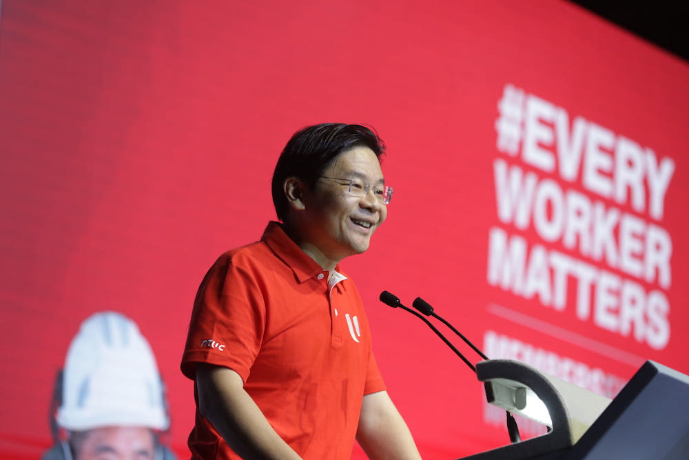 4G leader Lawrence Wong speaking at the May Day Rally on May 1, 2022. u00e2u20acu201d NTUC pic via TODAY