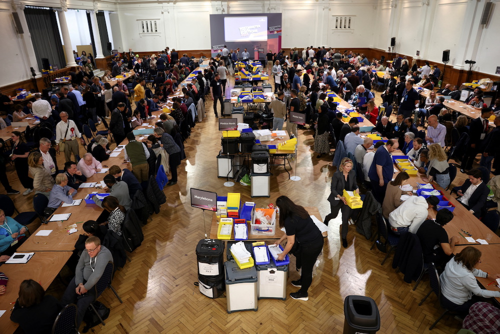 A general view of Lindley Hall in Westminster during the counting process at the Westminster City Council local elections, in London May 6, 2022. u00e2u20acu201d Reuters pic