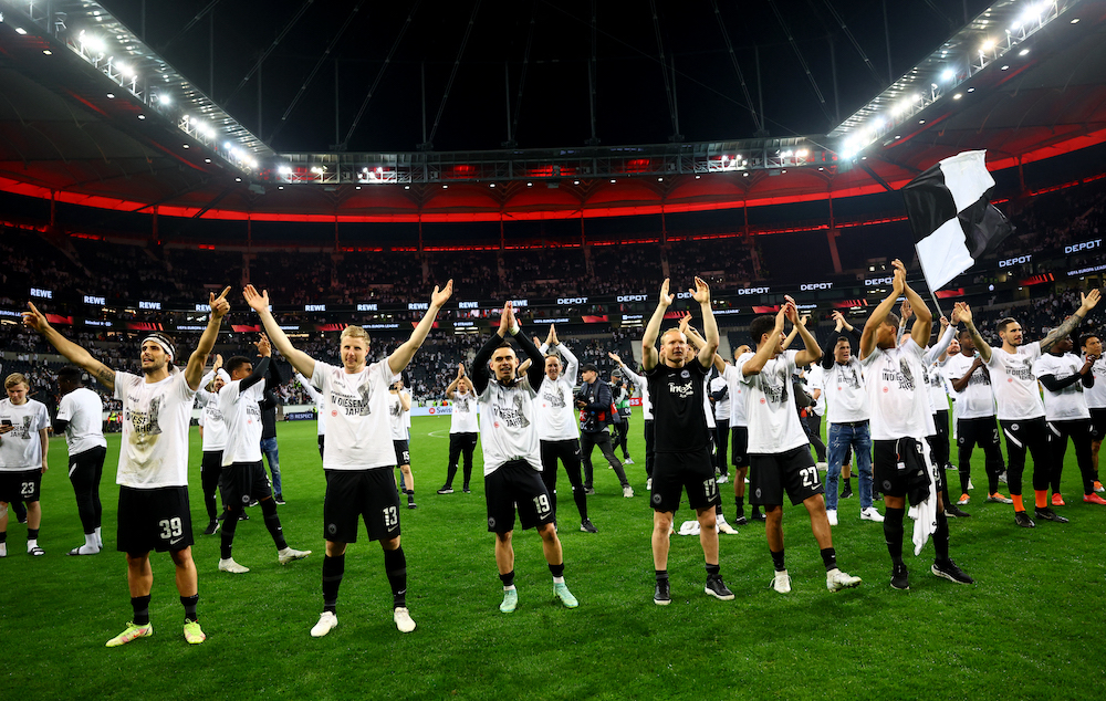 Eintracht Frankfurt players celebrate after reaching the Europa League final after the match against West Ham, Frankfurt May 5, 2022. u00e2u20acu201d Reuters pic