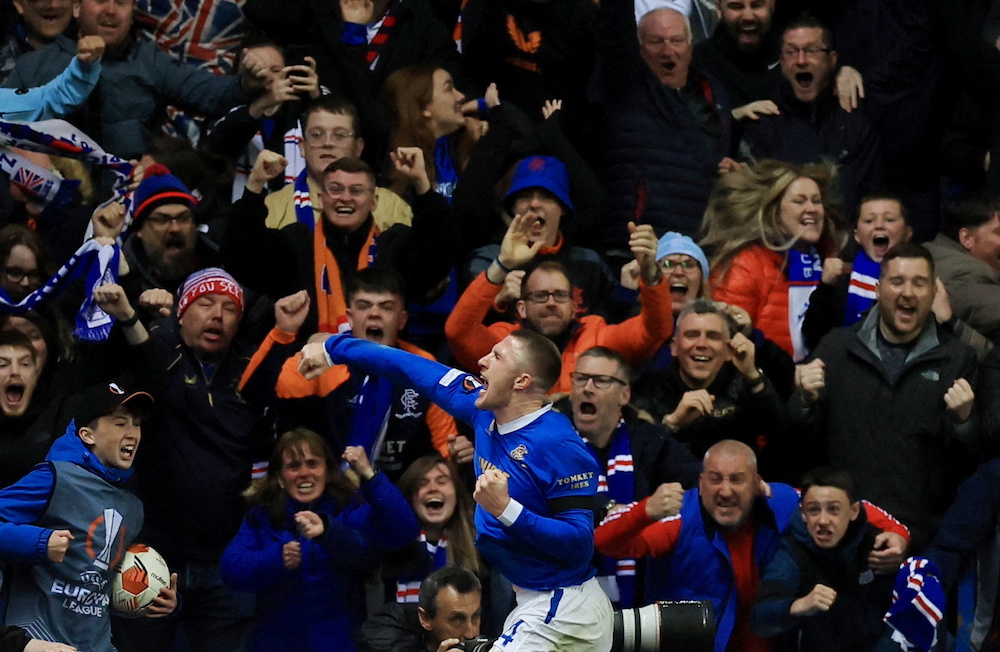 Rangers' John Lundstram celebrates scoring their third goal against RB Leipzig in Glasgow May 6, 2022. u00e2u20acu201d Action Images via Reuters/Lee Smith 