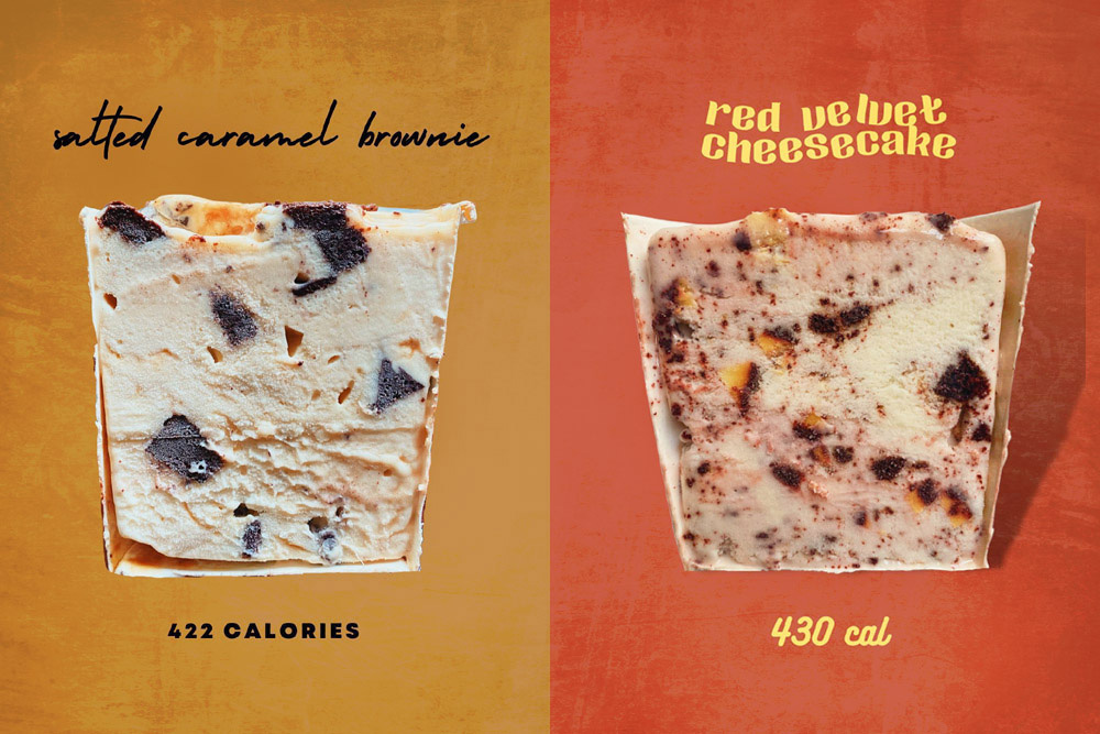 Wolf Pints employs cutaways of ice cream tubs to showcase the ingredients inside.