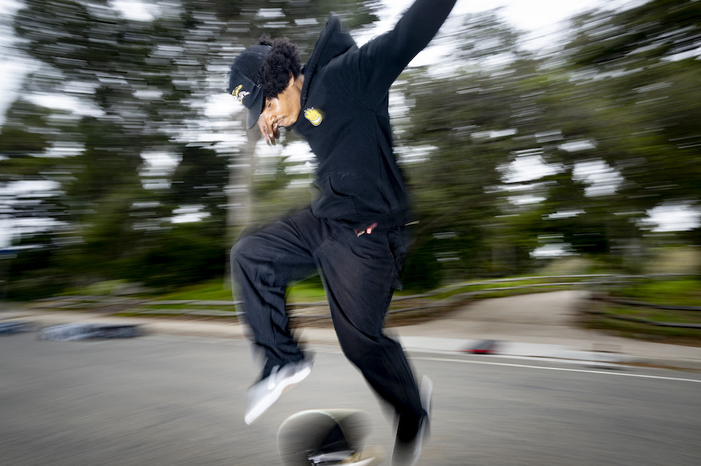 Zion Ricks-Gaines, who is totally blind, gets air while executing a kick flip at a skateboard park in San Francisco, California on May 6, 2022. u00e2u20acu201d AFP pic