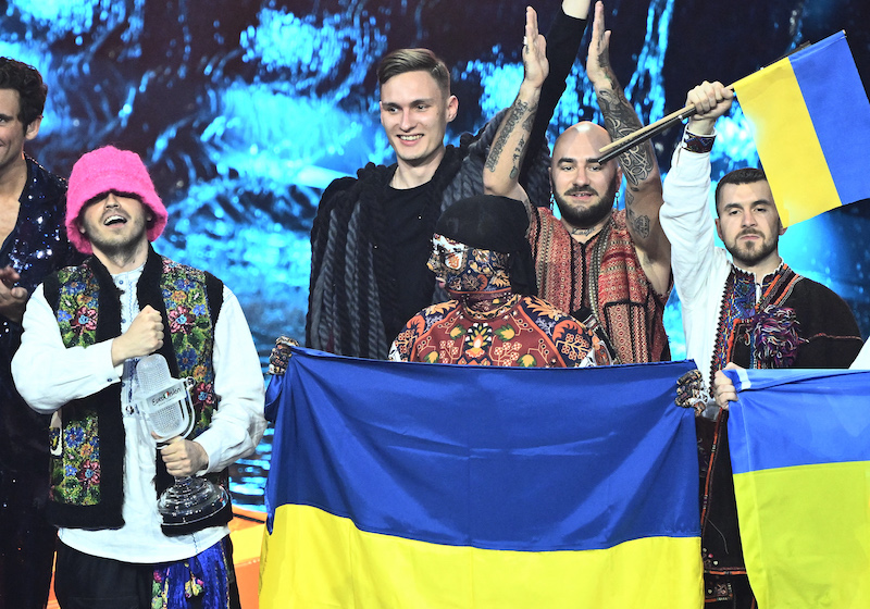 Members of the band u00e2u20acu02dcKalush Orchestrau00e2u20acu2122 celebrate onstage with Ukraine's flags after winning on behalf of Ukraine the Eurovision Song contest 2022 on May 14, 2022 at the Pala Alpitour venue in Turin. u00e2u20acu201d AFP pic