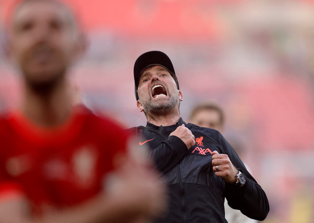 Liverpool manager Juergen Klopp celebrates after winning the penalty shoot-out and the final of the FA Cup, London May 15, 2022. u00e2u20acu201d Action Images via Reuters/Peter Cziborra 